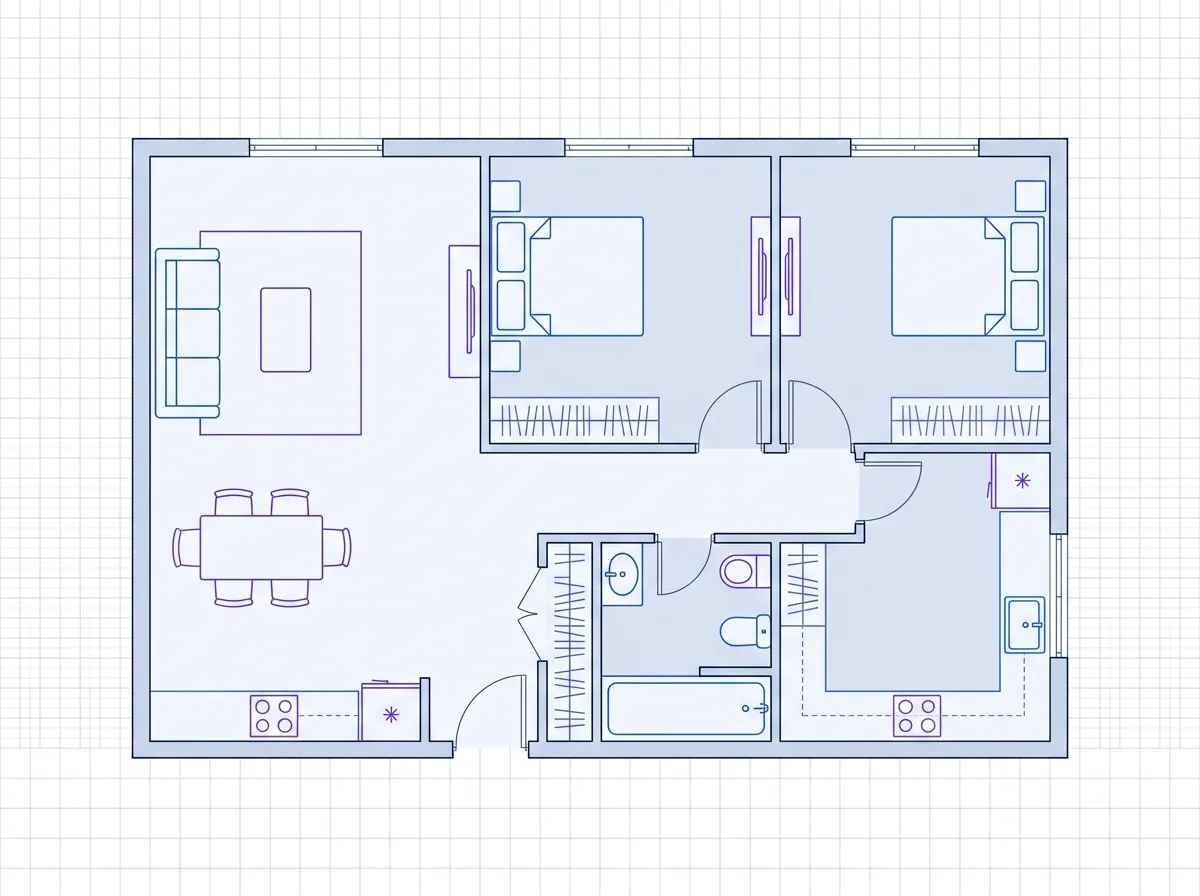 2D two-bedroom apartment floor plan example