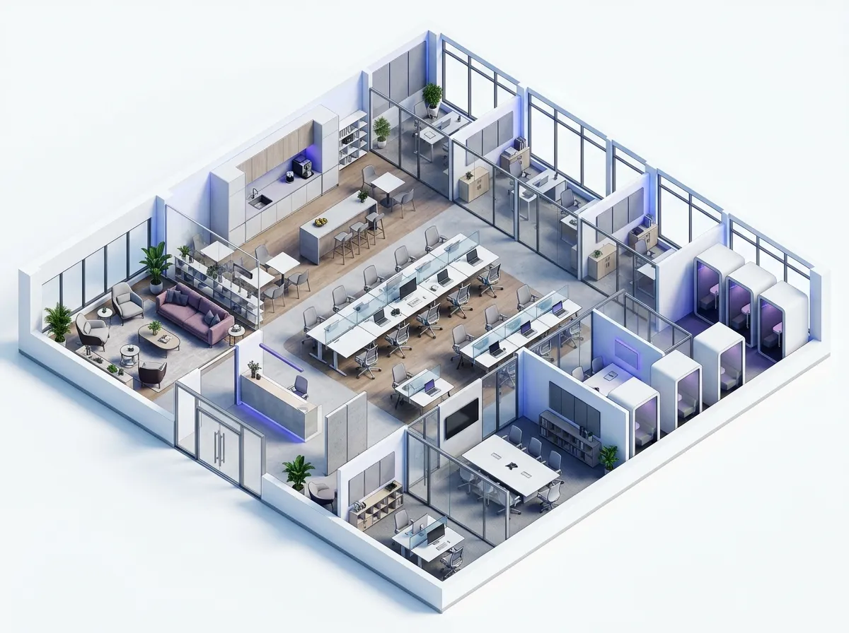 3D open plan office floor plan example