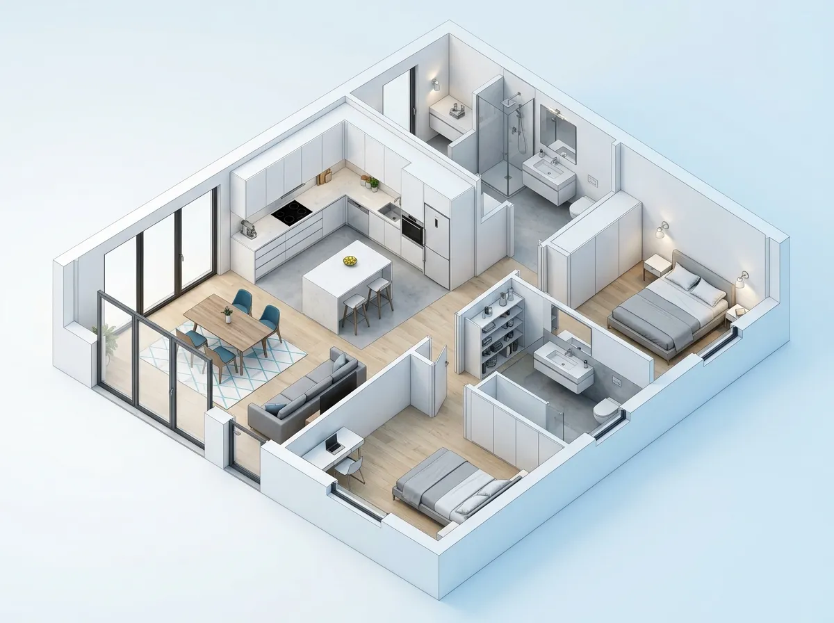 3D compact house floor plan example