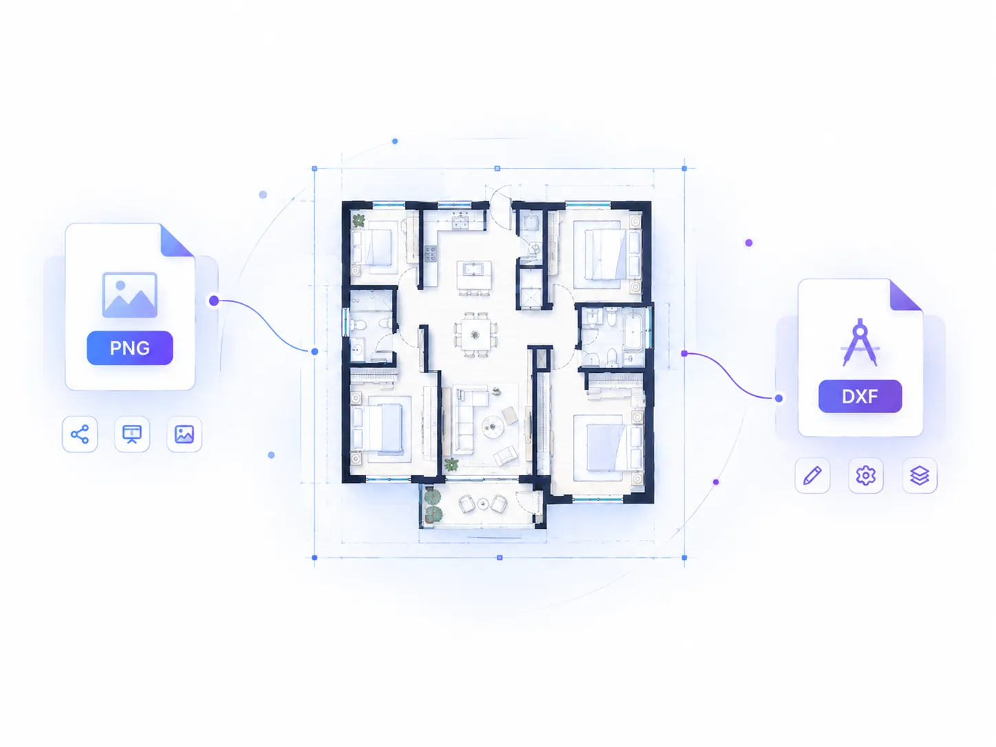 PNG and DXF export options for generated floor plans
